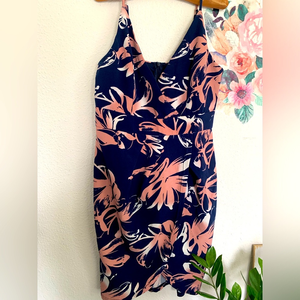 Cals Spaghetti Strap Dress, Size L, Blue/Pink, Lined, Tropical Vibes